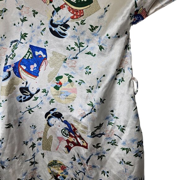 Whitby Silver Satin Kimono Robe Medium With Japanese Geisha Print & Floral Desig - Picture 5 of 6